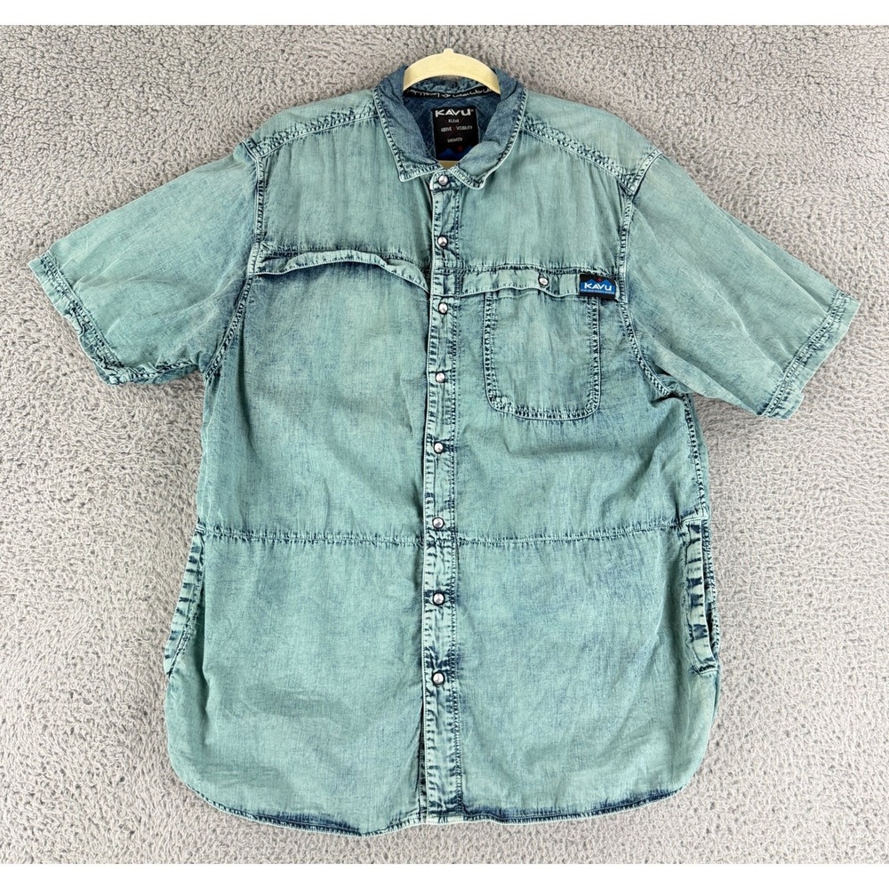 KAVU Button Up Shirt Mens XL Teal Acid Wash‎ Snap Front Cotton Short Sleeve